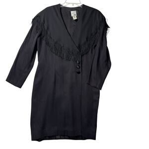 Vintage 80s Cynthia Howie Black Fringe Western Wrap Dress Long Sleeve Size 12